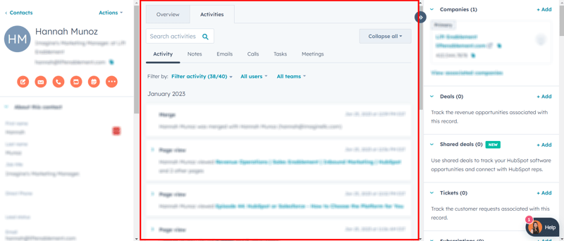 Contact Record Example in HubSpot - Activity Timeline