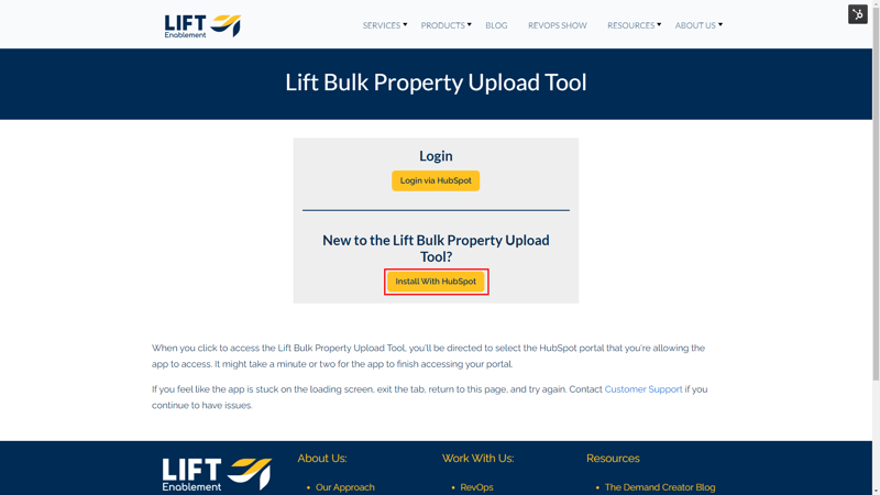 Lift Bulk Property Upload Tool Access Page