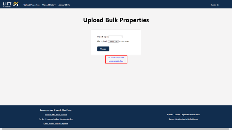 Lift Bulk Property Upload Tool Main Page Links