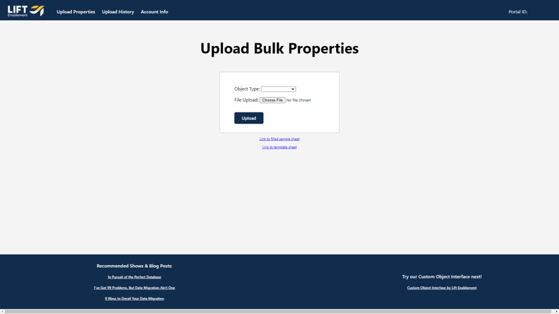 Lift Bulk Property Upload Tool Main Page