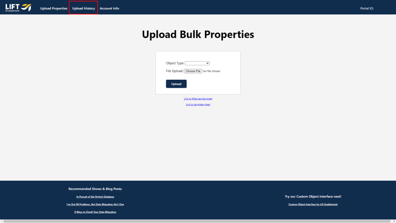 Lift Bulk Property Upload Tool Upload History Nav