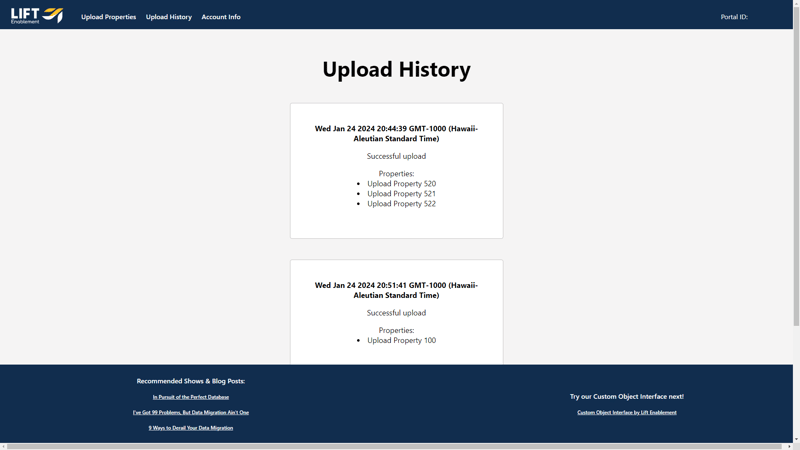 Lift Bulk Property Upload Tool Upload History