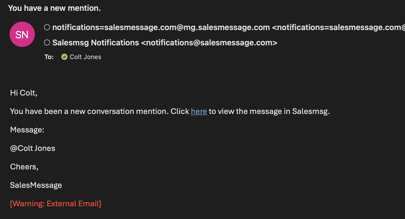 SalesMsg Email Notification example